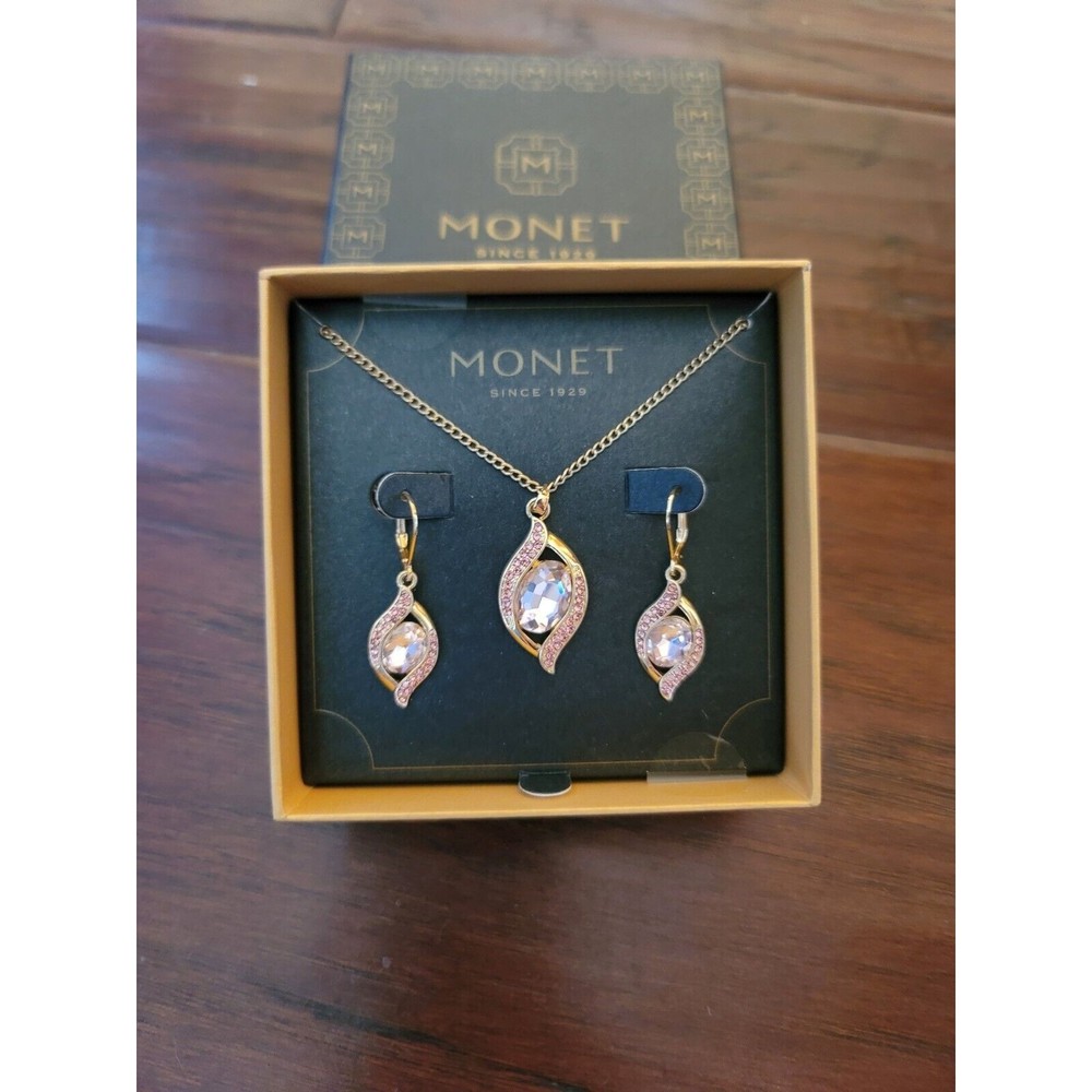 MONET Pendant And Ear Rings Set Light Pink  Full Back Stone